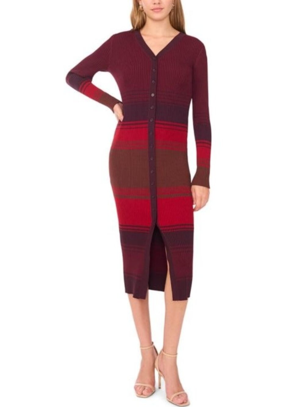 $139 1.STATE Women's V-Neck Button Up Sweater Dress Wine Tasting Size M